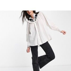 Free People White Blouse with Black Embroidery